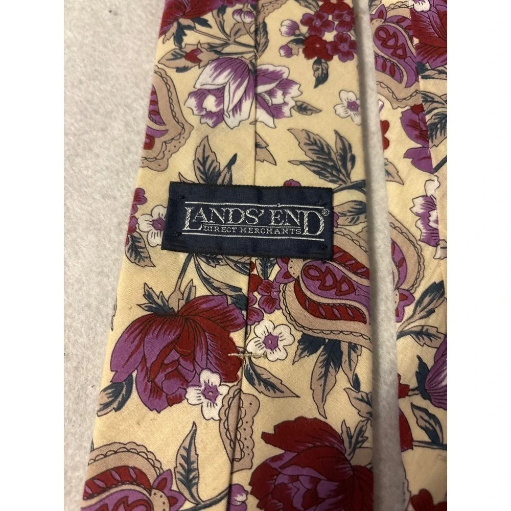 Lands End Floral Necktie Mens OS Tan‎ Purple Excellent 100% Cotton USA Hand Sewn
